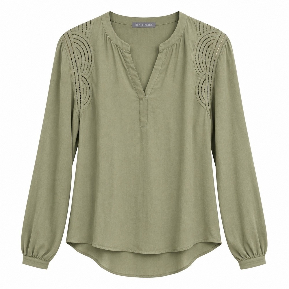 Daniel Rainn Sage Green Crochet Shoulder Split Neck Rayon Blouse NWT‎ Large